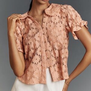 Anthropologie Pilcro Blouse Keira Collared Button Front Lace Coral SIZE L NEW